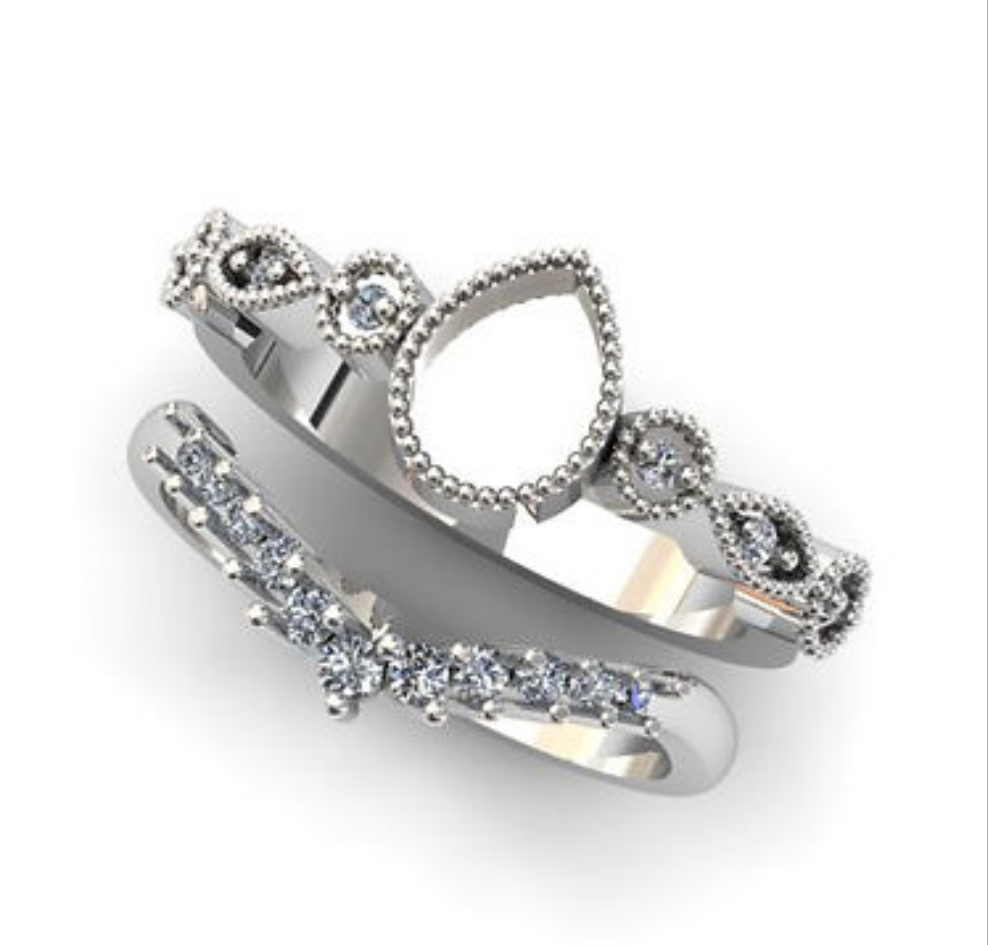 ** PRE ORDER ** BEADED EDGE PEAR DUO CZ RING SET