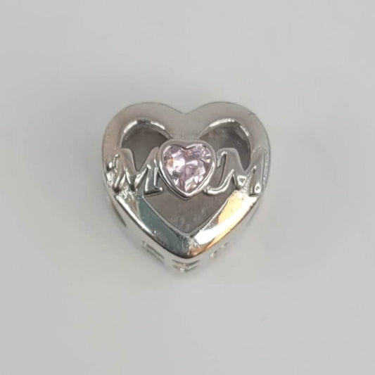Pink cubic zirconia Mum openwork heart charm